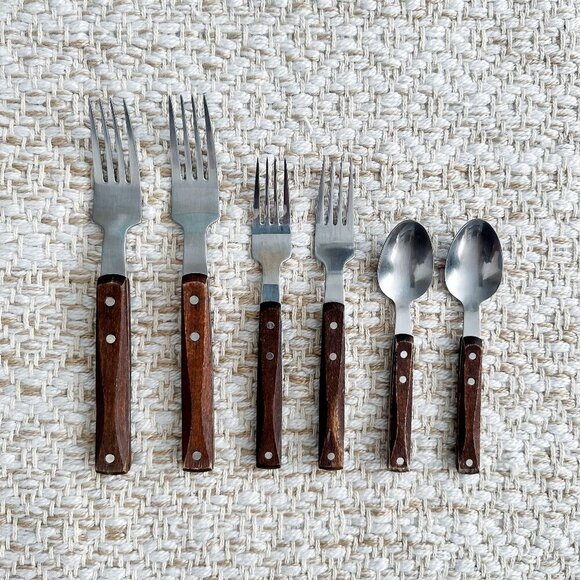 Vintage Wood‑Handle Flatware Set (6 Pc) Japan—Forks & Spoons - Picture 1 of 6